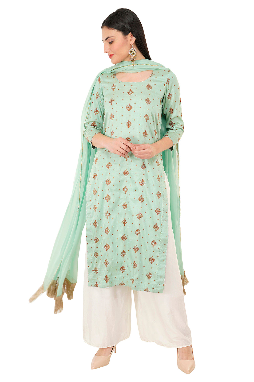 Pista Green and Frozen Salmon Linen Brocade Set