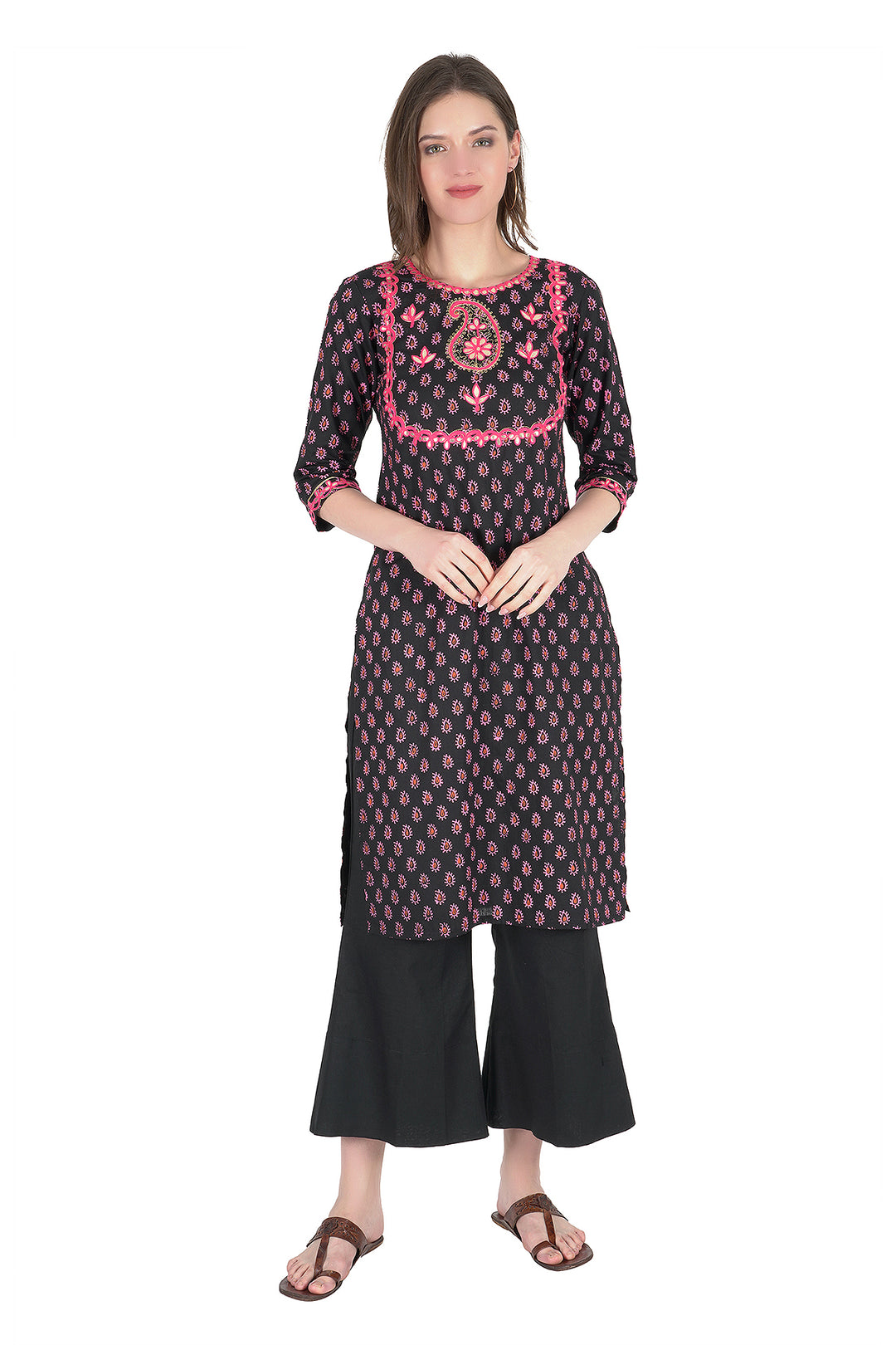 Black Embroidered Hand block Long Print Kurti