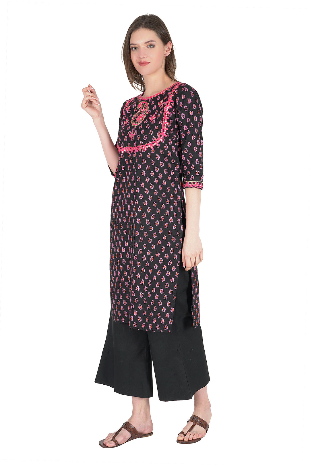 Black Embroidered Hand block Long Print Kurti