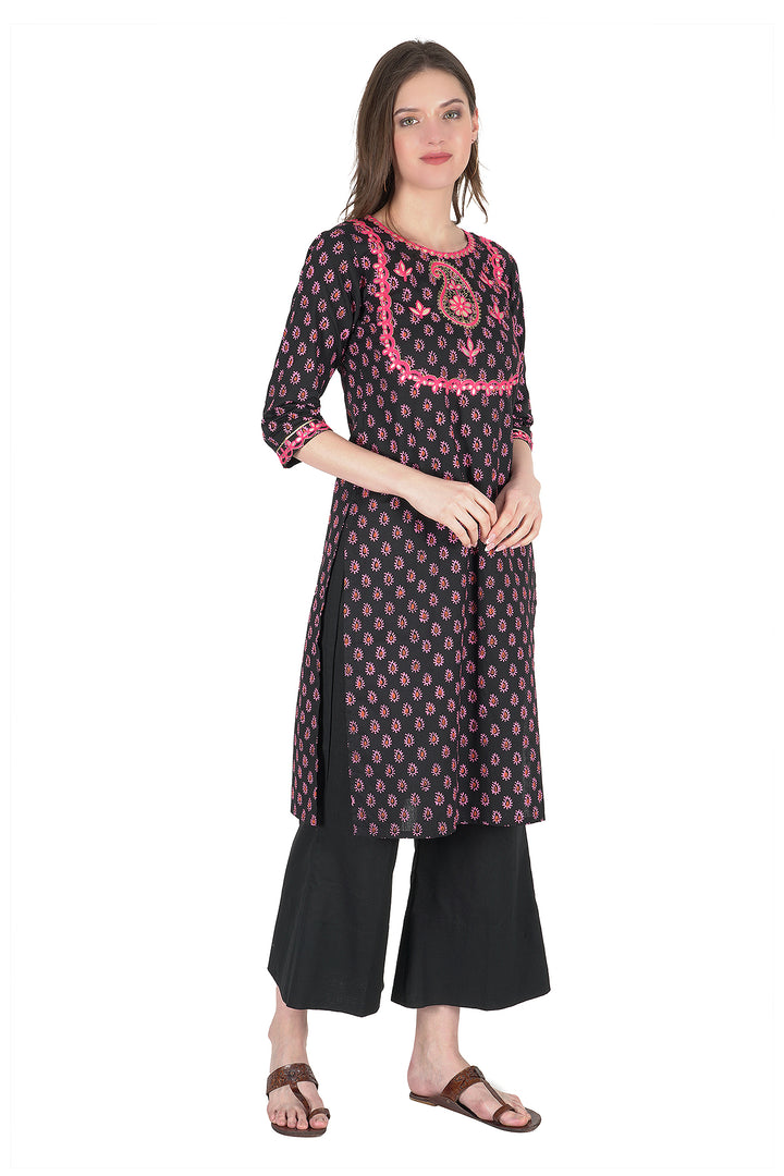 Black Embroidered Hand block Long Print Kurti