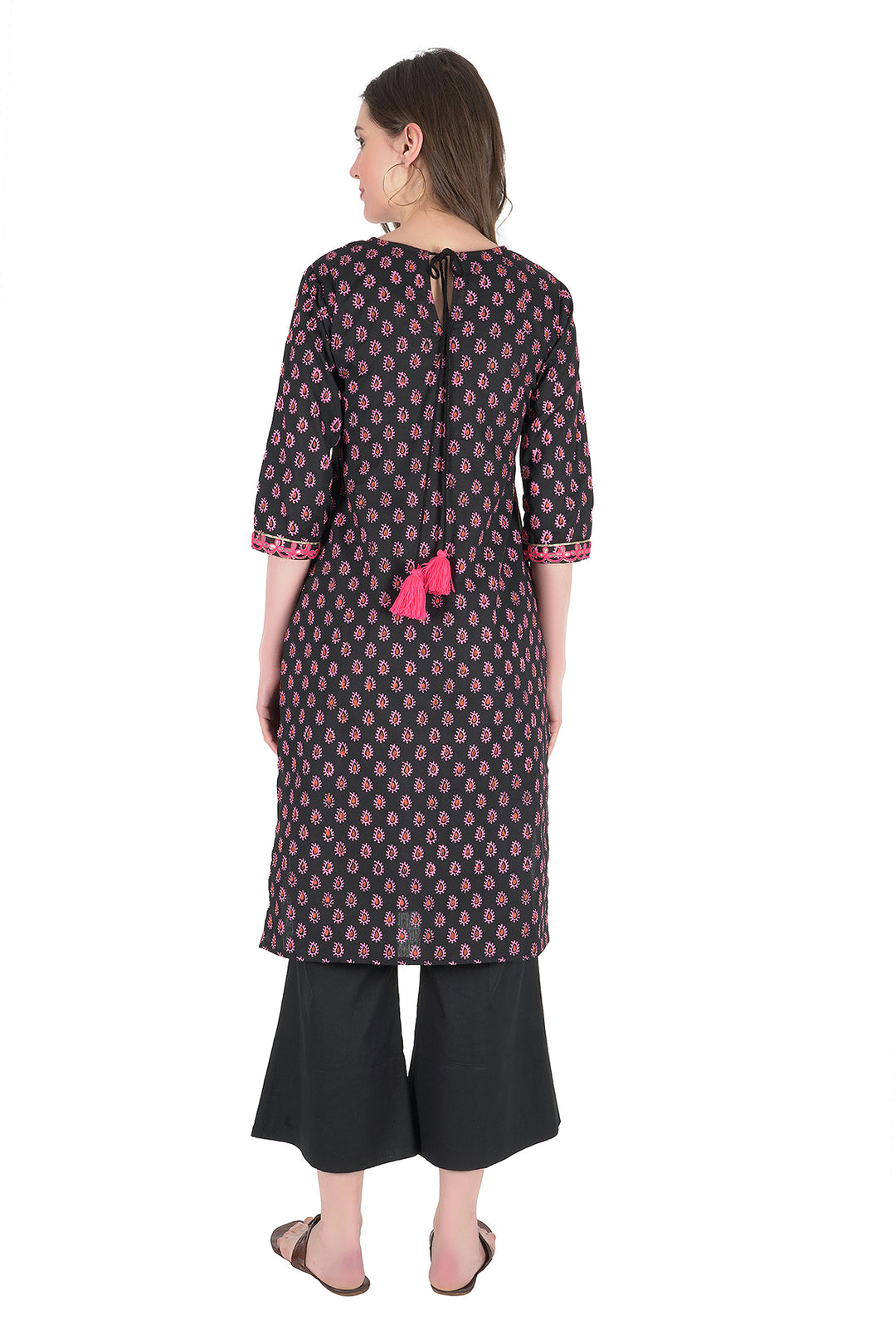 Black Embroidered Hand block Long Print Kurti