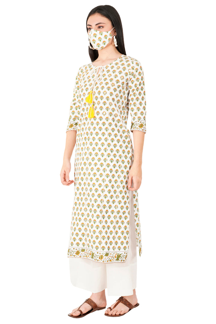 Woodblock Hand Print Cotton Straight Kurta Zari Work