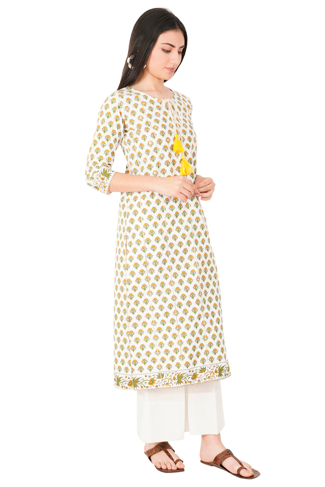 Woodblock Hand Print Cotton Straight Kurta Zari Work