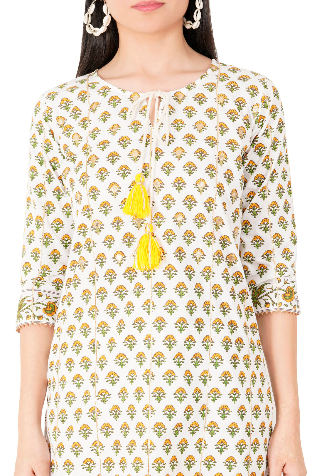 Woodblock Hand Print Cotton Straight Kurta Zari Work