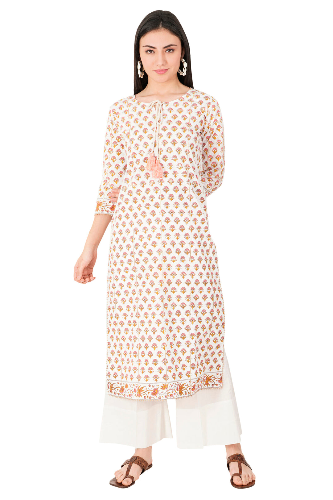 Woodblock Hand Print Cotton Straight Kurta Zari Work