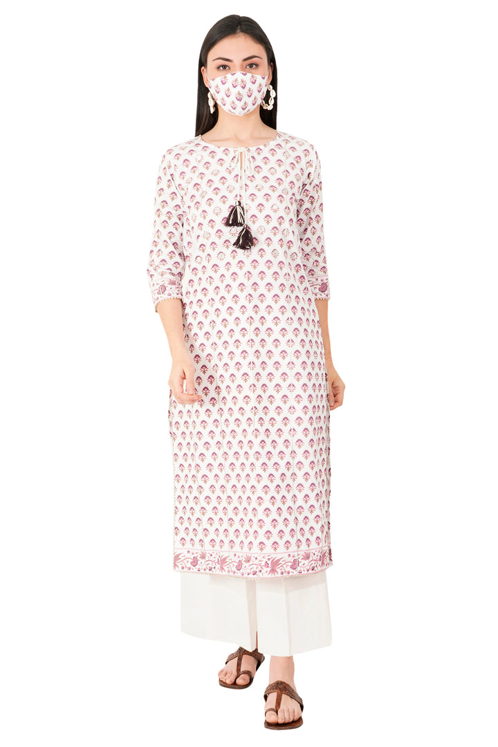 Woodblock Hand Print Cotton Straight Kurta Zari Work