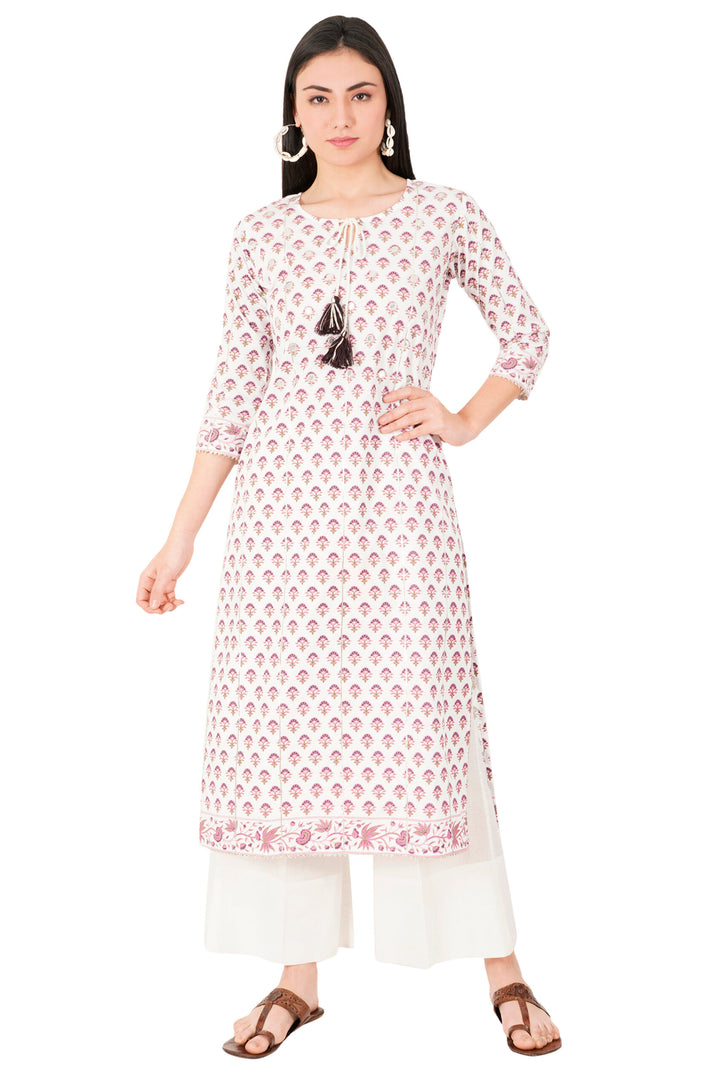 Woodblock Hand Print Cotton Straight Kurta Zari Work