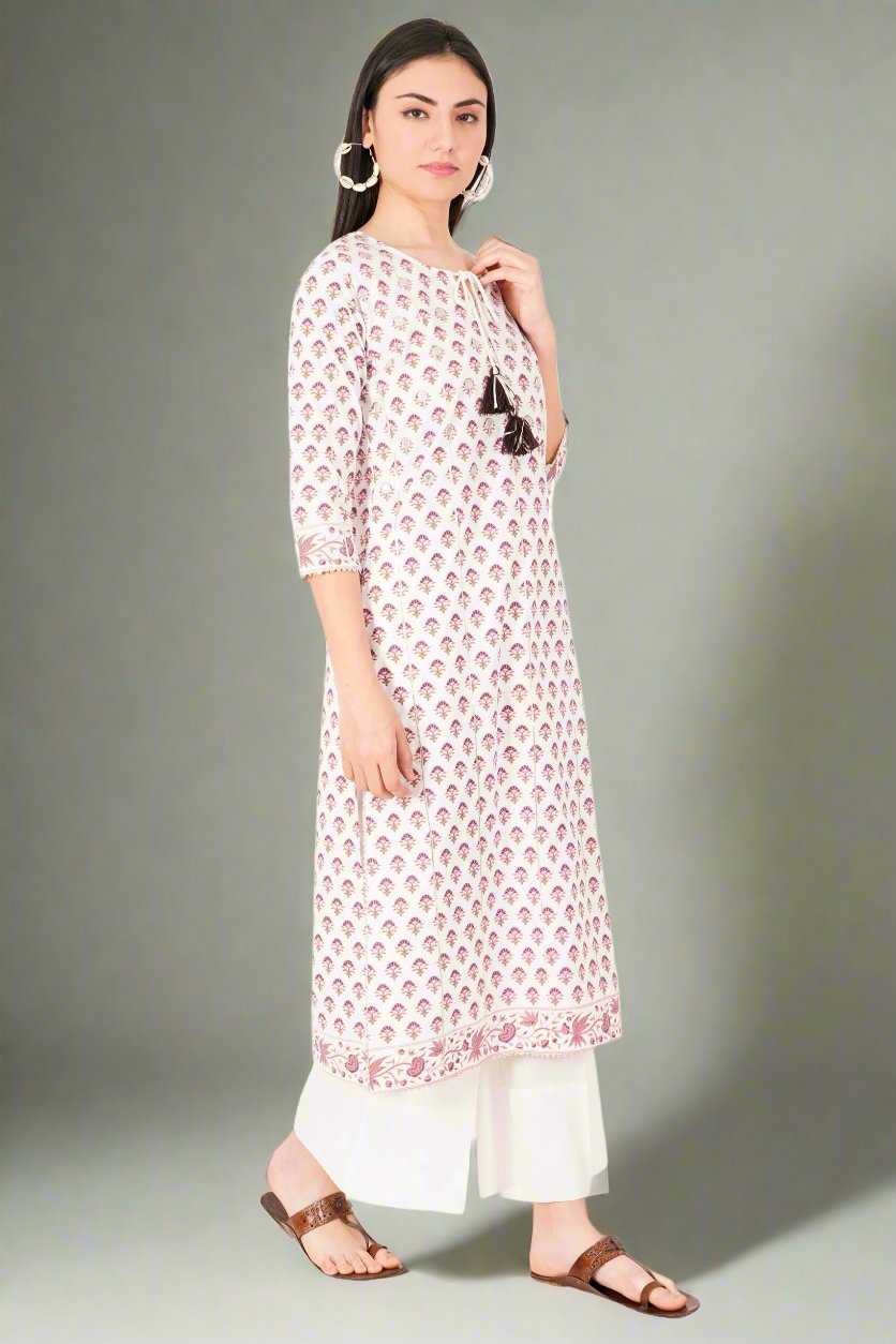 Woodblock Hand Print Cotton Straight Kurta Zari Work