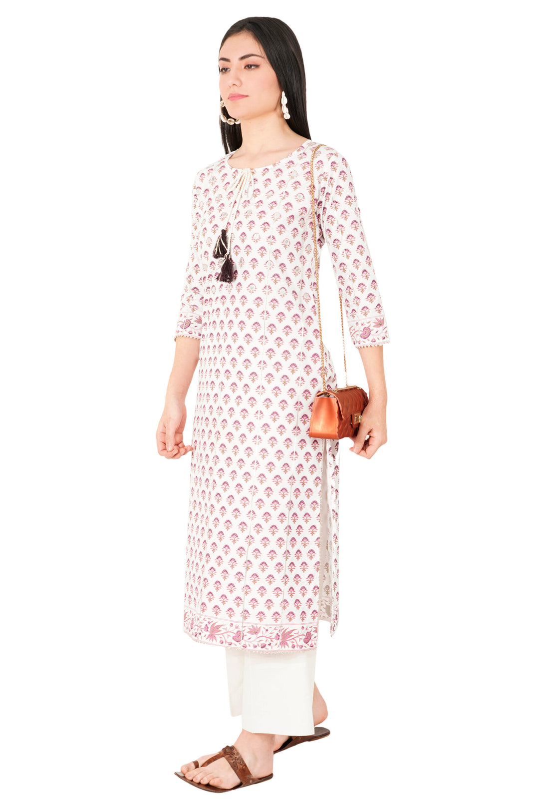 Woodblock Hand Print Cotton Straight Kurta Zari Work