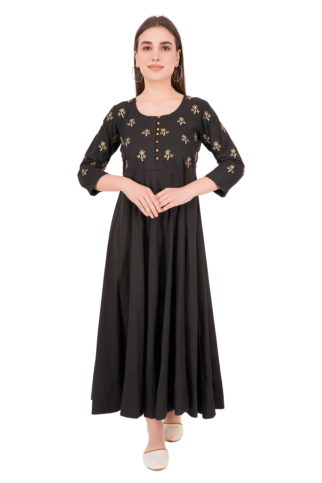 Fashionable Black A-Line Yoke Embroidered Dress