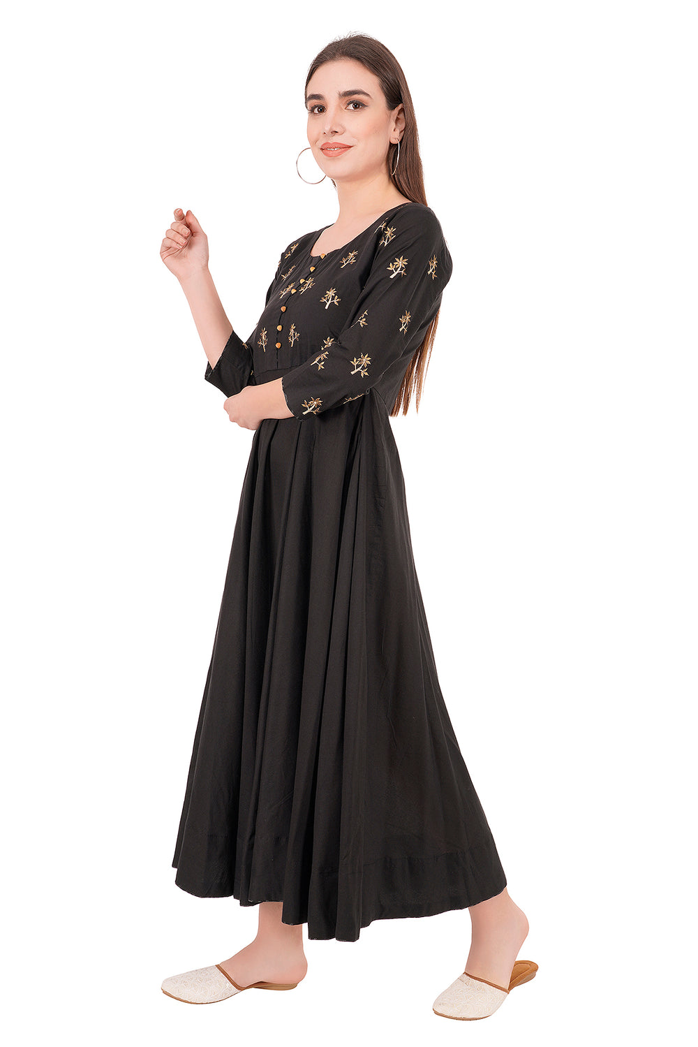 Fashionable Black A-Line Yoke Embroidered Dress