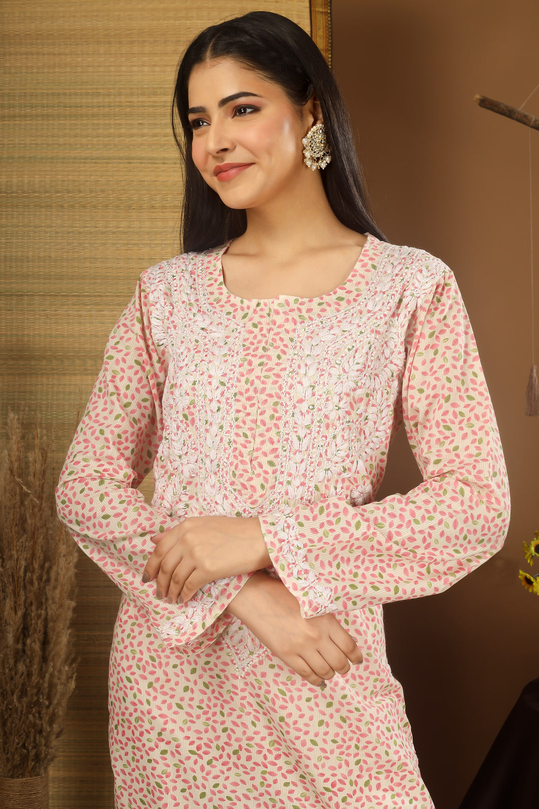 Anam Peach Floral Chikankari Kurti