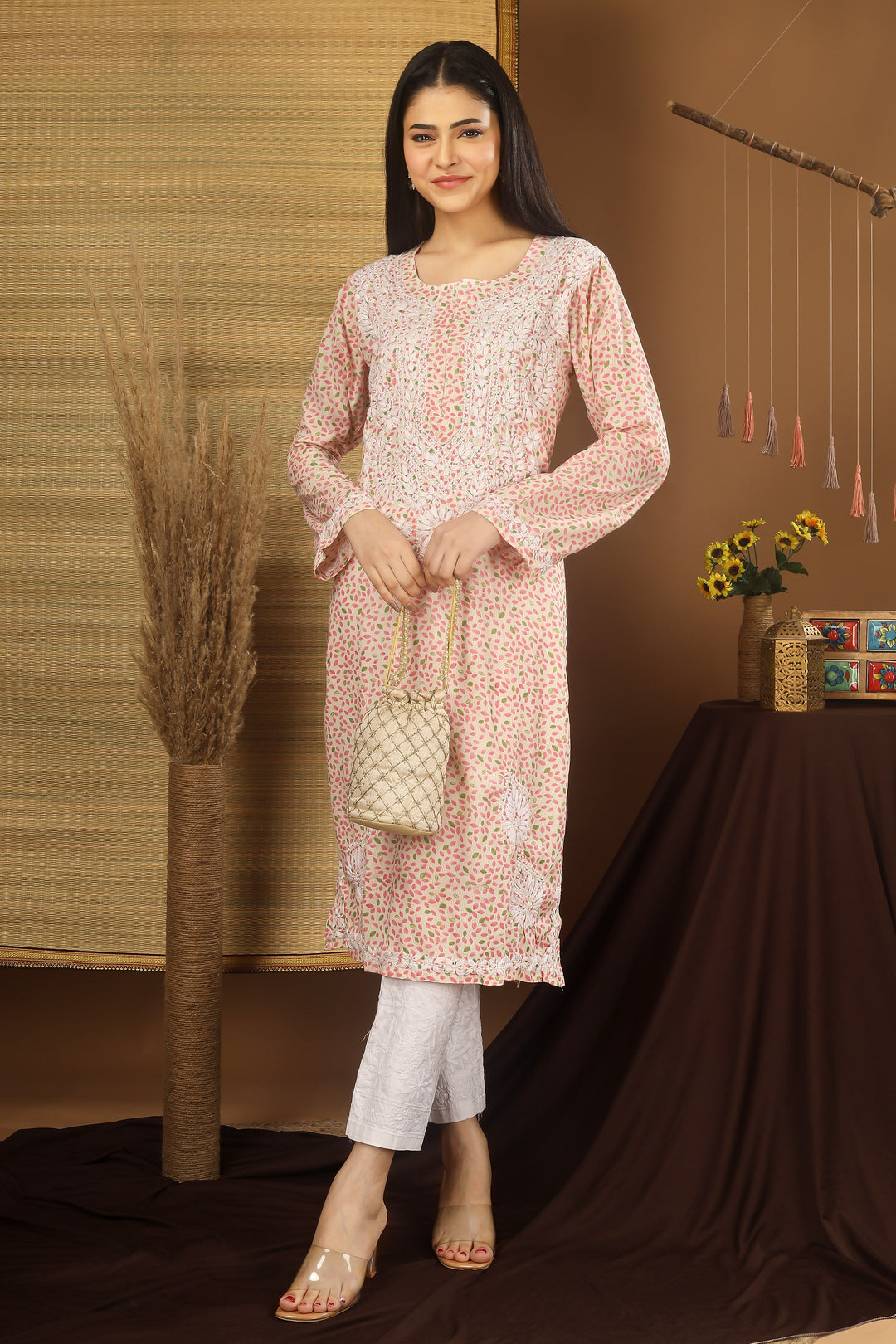 Anam Peach Floral Chikankari Kurti