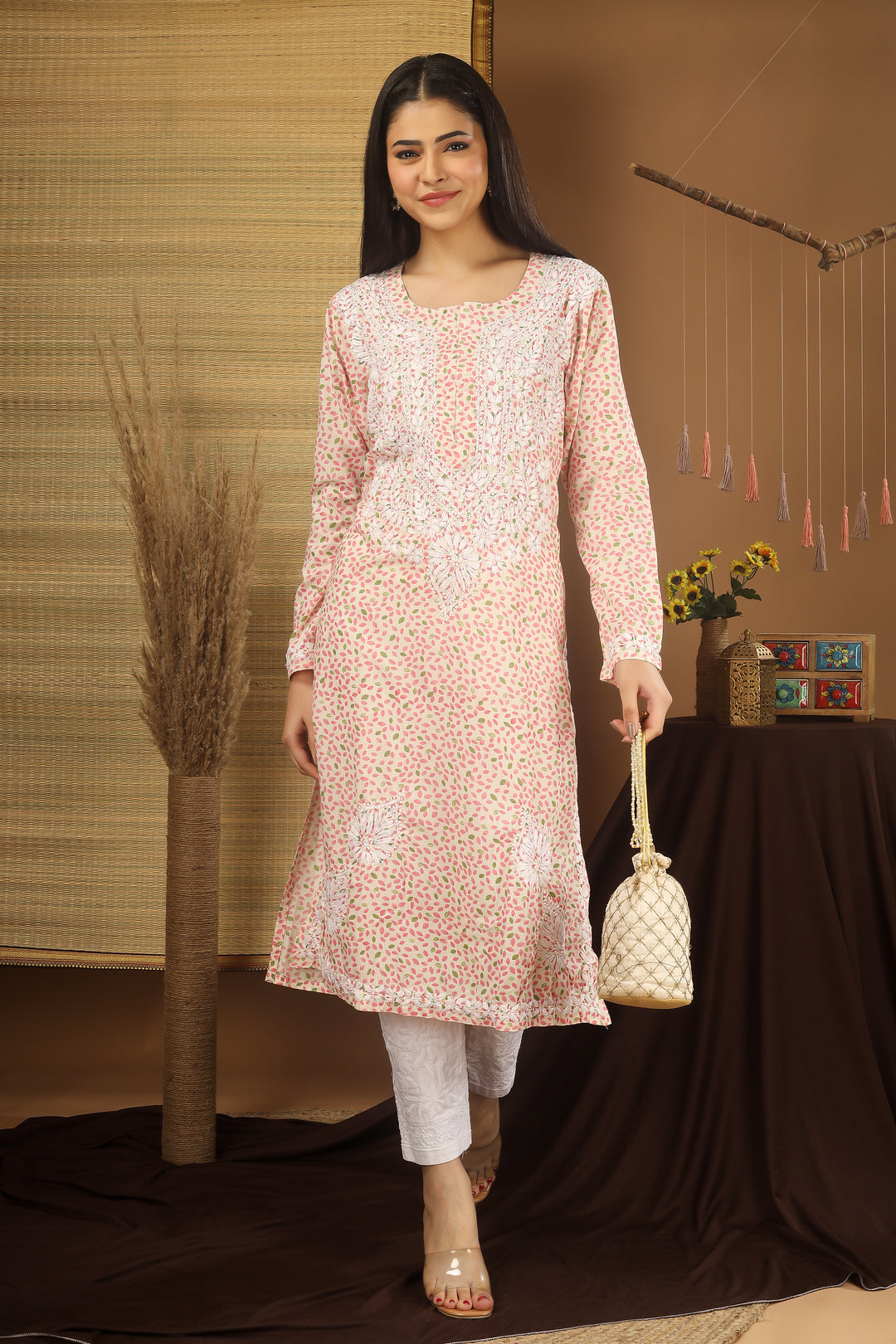 Anam Peach Floral Chikankari Kurti