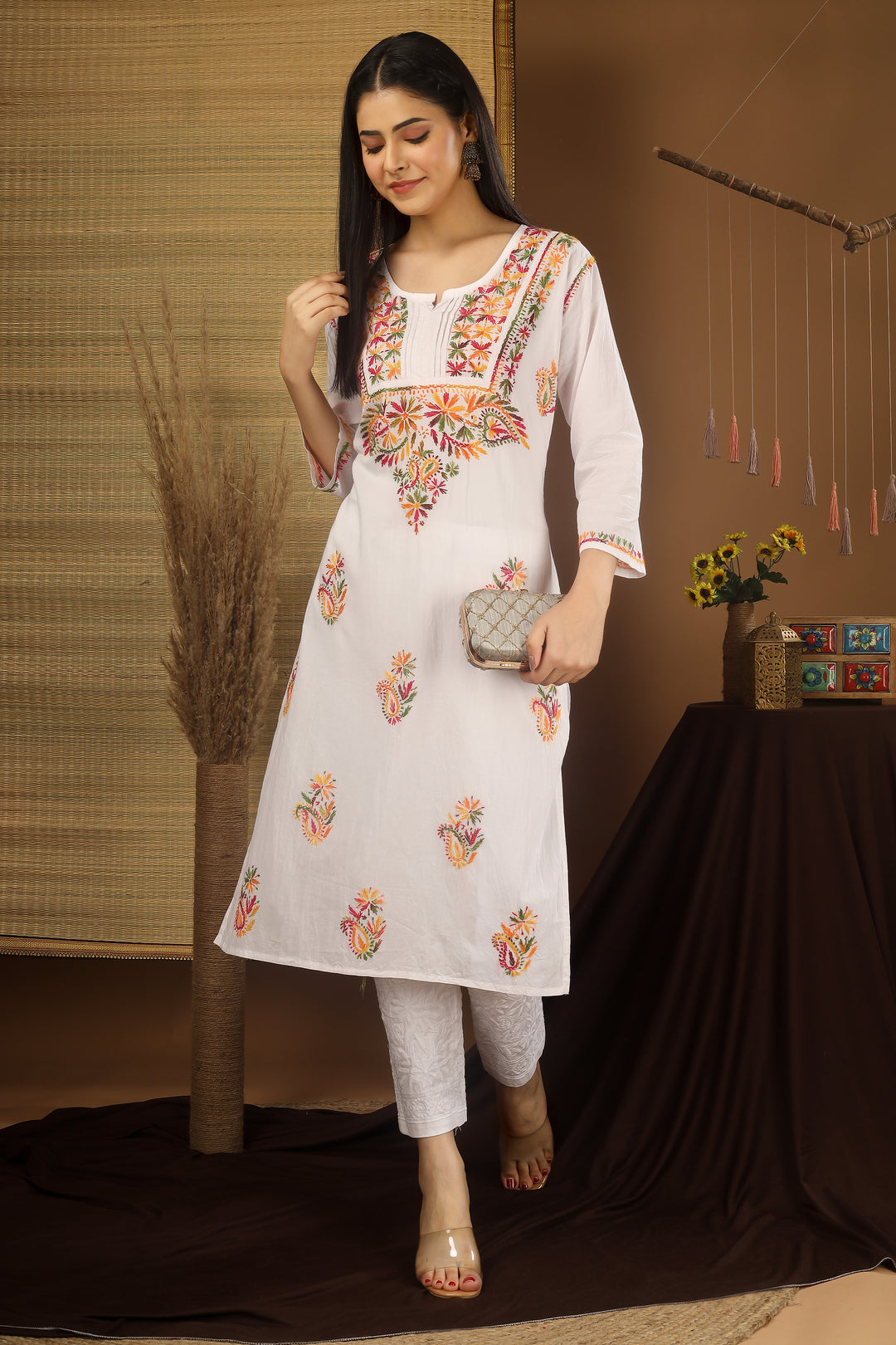 Zoya White Multi thread Chickenkari kurta