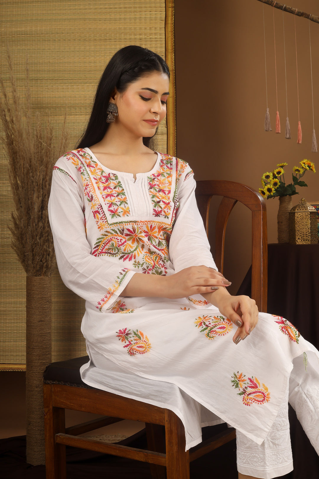 Zoya White Multi thread Chickenkari kurta