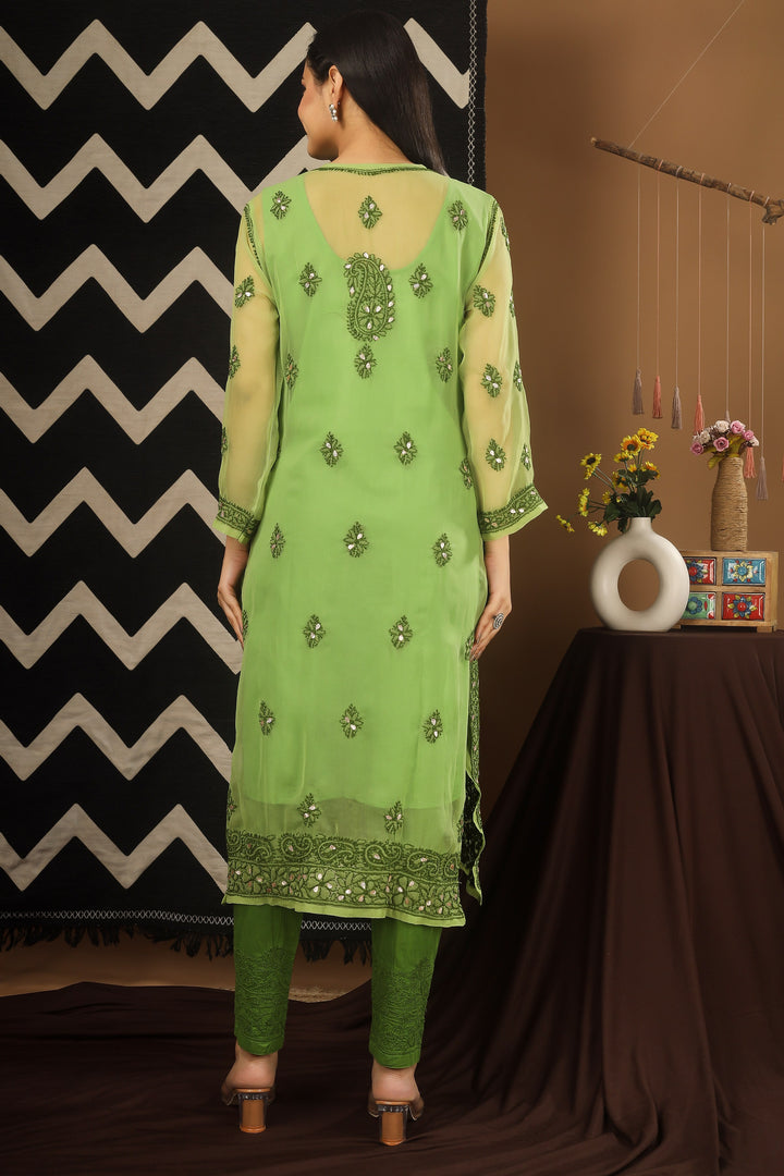 Alina Stunning Olive Chickenkari Work Georgette Set