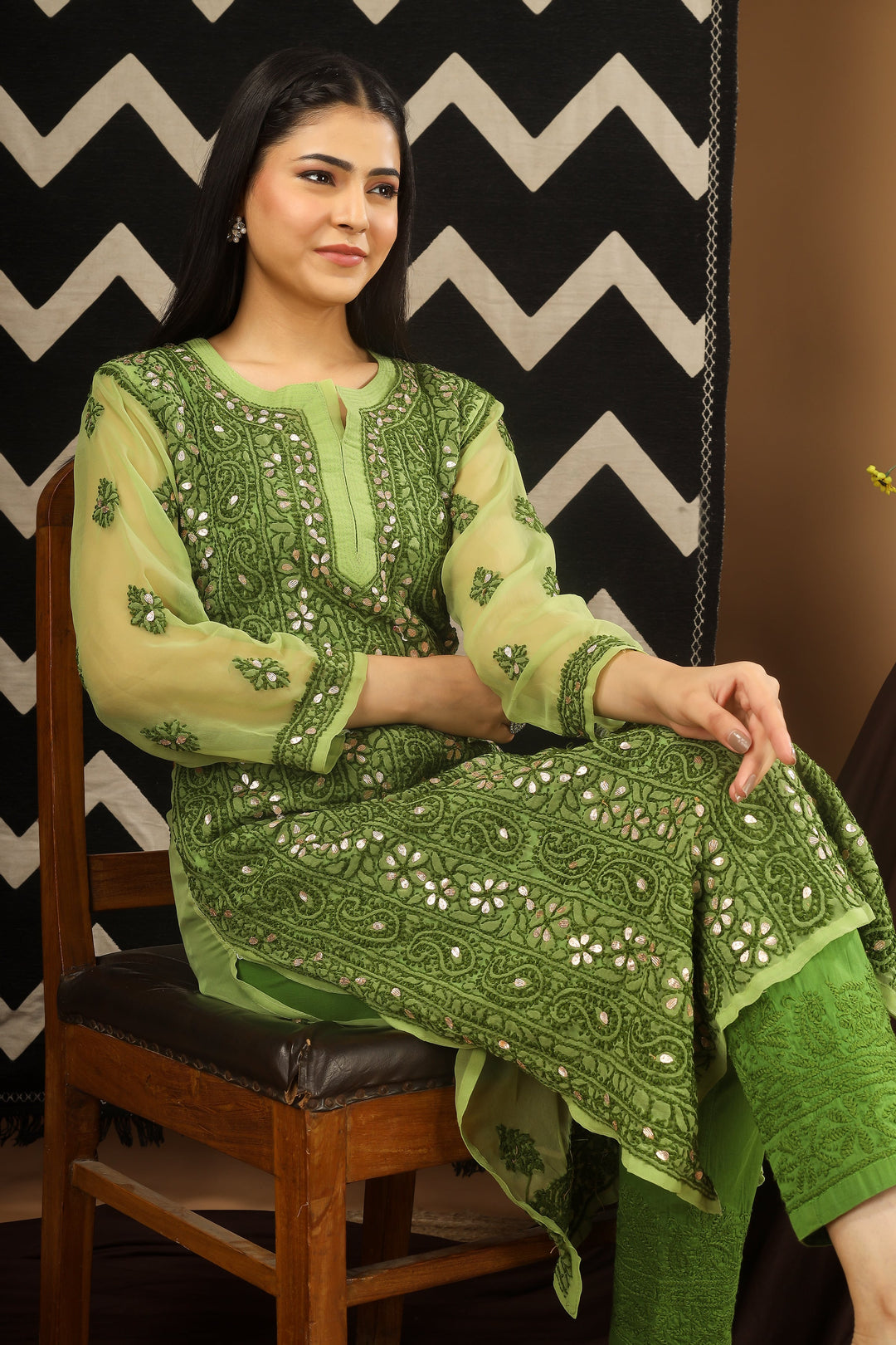 Alina Stunning Olive Chickenkari Work Georgette Set