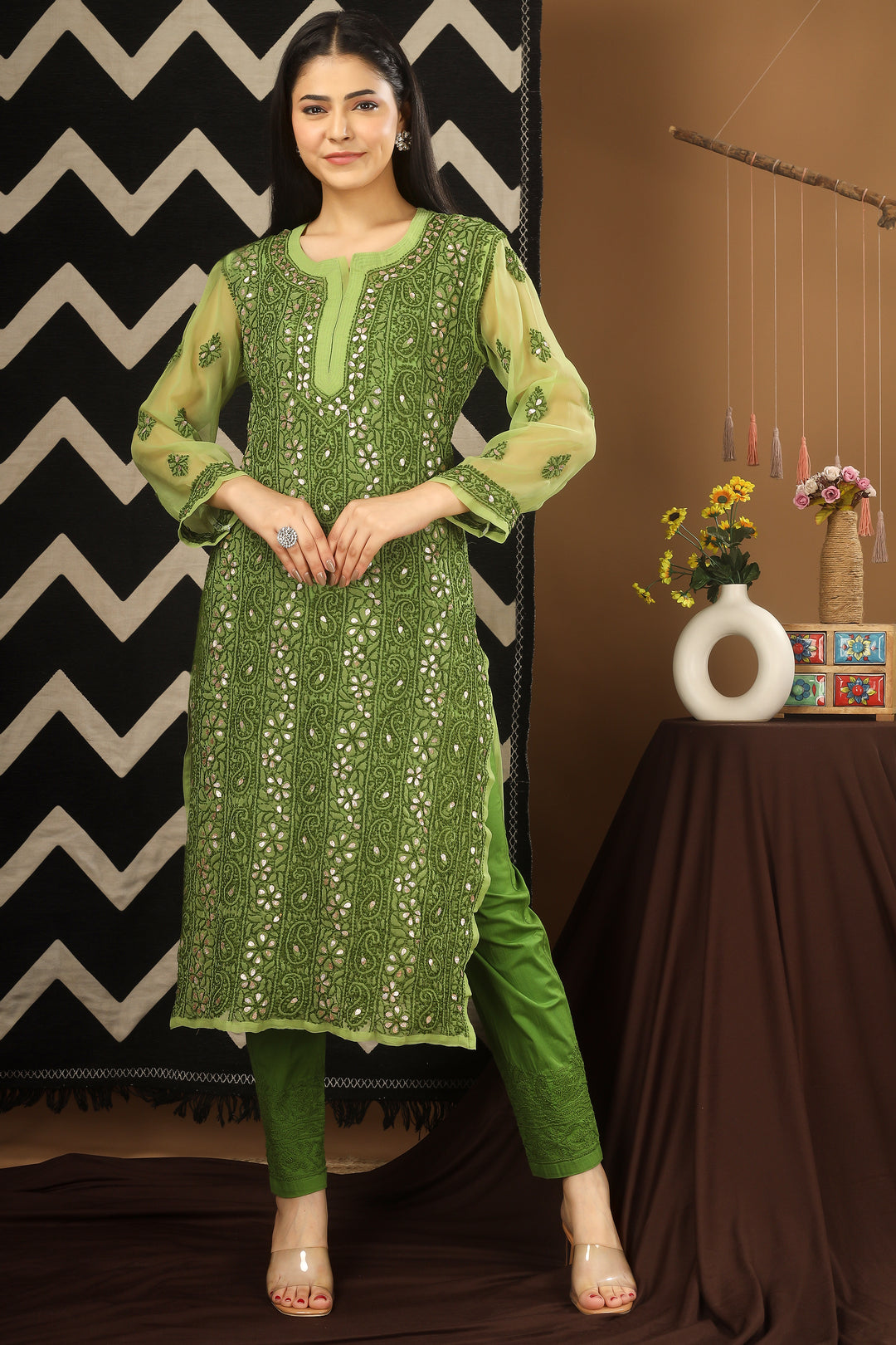 Alina Stunning Olive Chickenkari Work Georgette Set