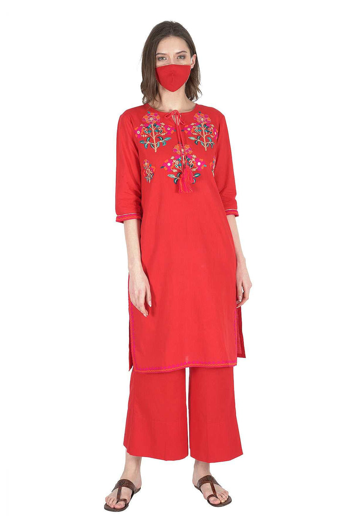 Kashmiri Embroidered Kurta - Ksona | Elegant Hand - Embroidered Cotton Kurta Set with Plazo and Dupatta, Perfect for Festive Occasions | Customized Kashmiri Embroidered Kurta Set