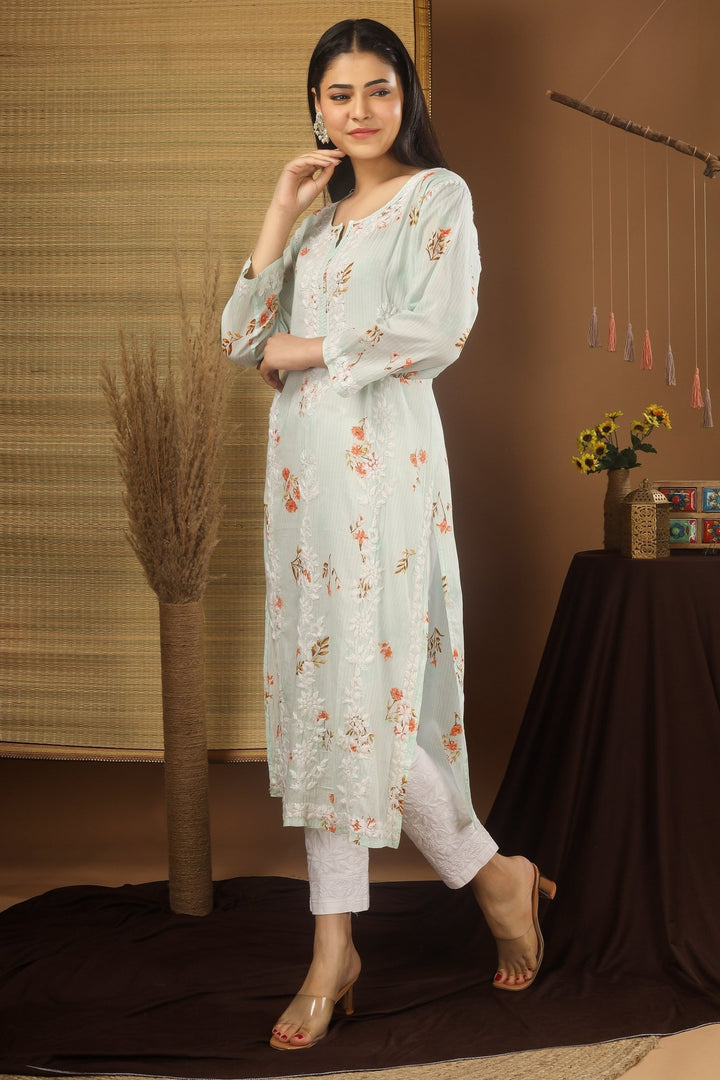 Kashmiri Embroidered Kurta - Ksona | Elegant Hand - Embroidered Cotton Kurta Set with Plazo and Dupatta, Perfect for Festive Occasions | Customized Kashmiri Embroidered Kurta Set