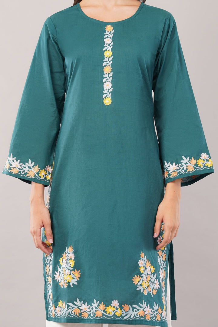Kashmiri Embroidered Kurta - Ksona | Elegant Hand - Embroidered Cotton Kurta Set with Plazo and Dupatta, Perfect for Festive Occasions | Customized Kashmiri Embroidered Kurta Set