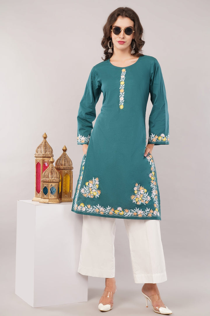 Kashmiri Embroidered Kurta - Ksona | Elegant Hand - Embroidered Cotton Kurta Set with Plazo and Dupatta, Perfect for Festive Occasions | Customized Kashmiri Embroidered Kurta Set