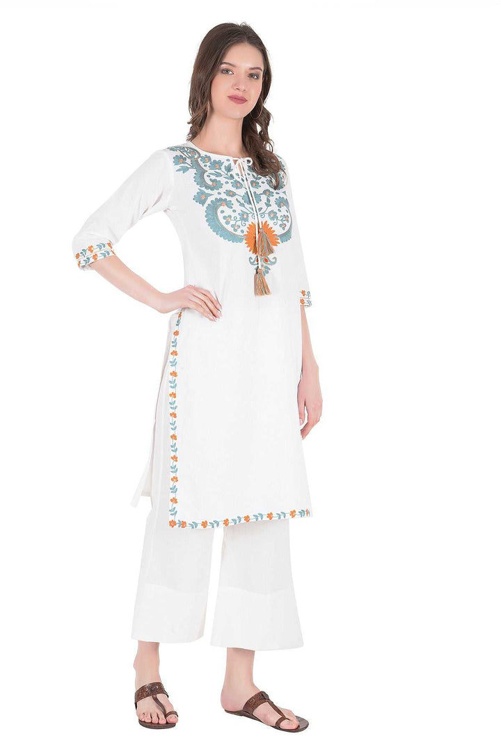 Kashmiri Embroidered Kurta - Ksona | Elegant Hand - Embroidered Cotton Kurta Set with Plazo and Dupatta, Perfect for Festive Occasions | Customized Kashmiri Embroidered Kurta Set