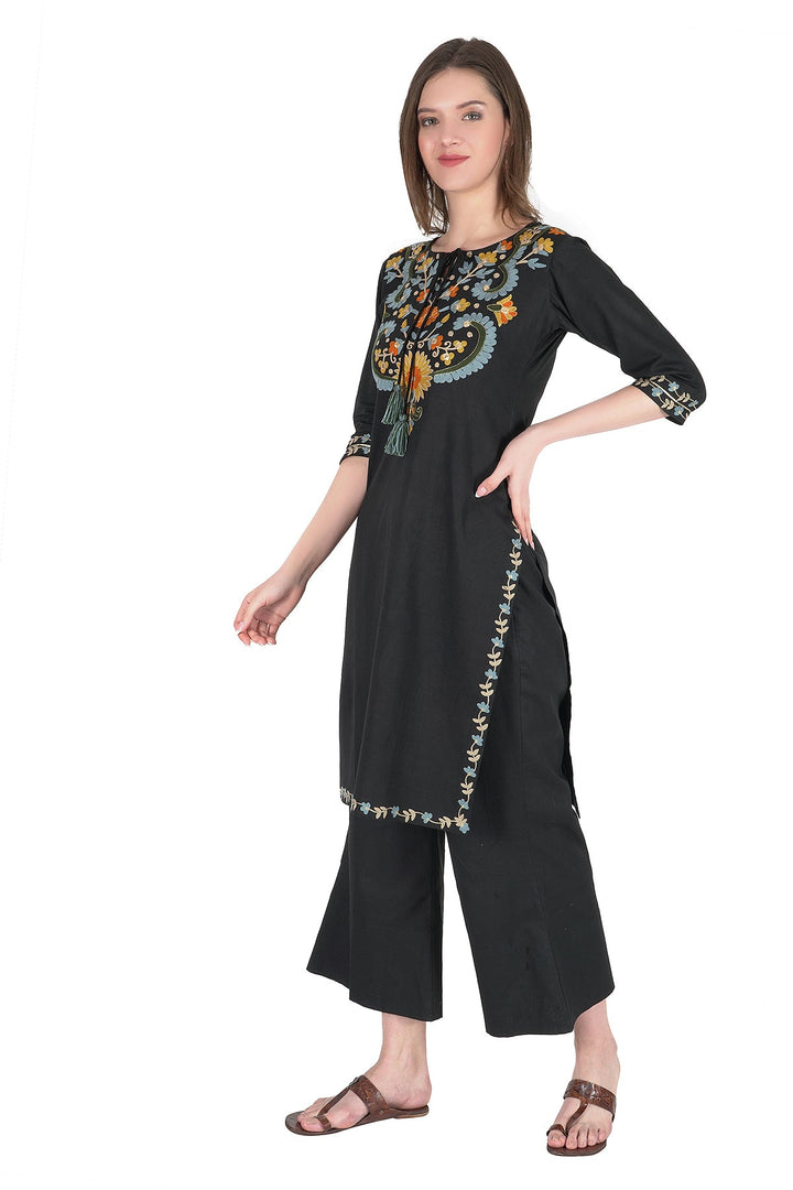 Kashmiri Embroidered Kurta - Ksona | Elegant Hand - Embroidered Cotton Kurta Set with Plazo and Dupatta, Perfect for Festive Occasions | Customized Kashmiri Embroidered Kurta Set