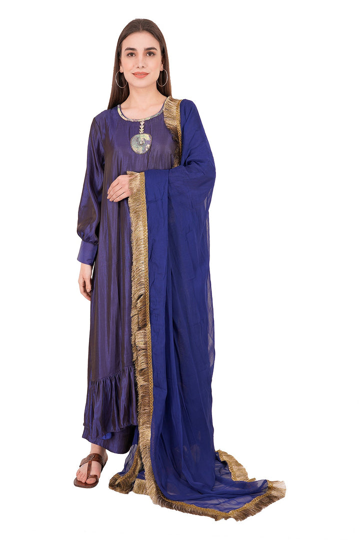 Kashmiri Embroidered Kurta - Ksona | Elegant Hand - Embroidered Cotton Kurta Set with Plazo and Dupatta, Perfect for Festive Occasions | Customized Kashmiri Embroidered Kurta Set