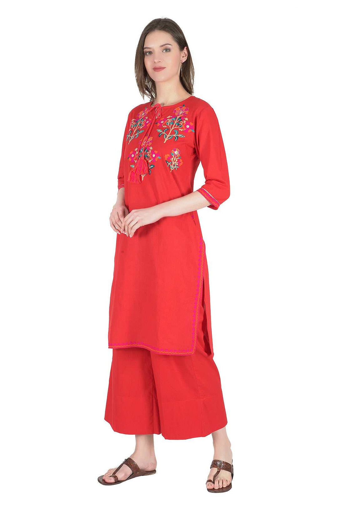Kashmiri Embroidered Kurta - Ksona | Elegant Hand - Embroidered Cotton Kurta Set with Plazo and Dupatta, Perfect for Festive Occasions | Customized Kashmiri Embroidered Kurta Set