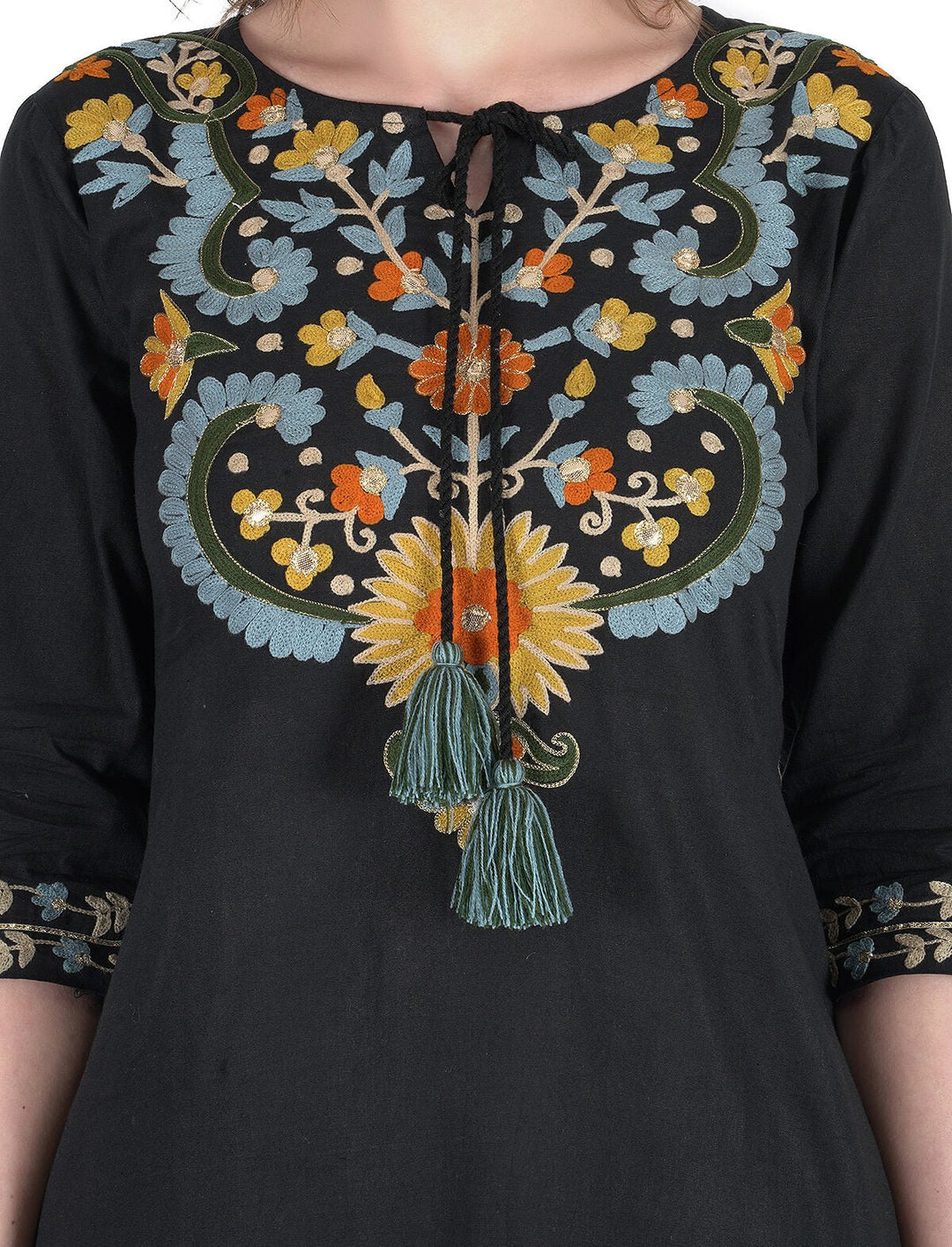Kashmiri Embroidered Kurta - Ksona | Elegant Hand - Embroidered Cotton Kurta Set with Plazo and Dupatta, Perfect for Festive Occasions | Customized Kashmiri Embroidered Kurta Set