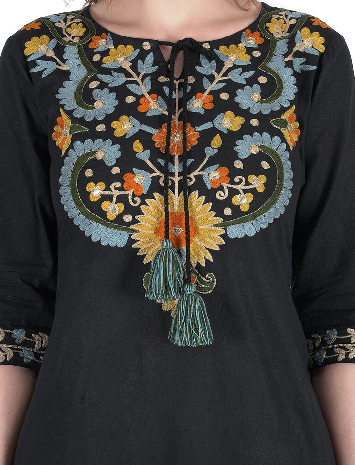 Kashmiri Embroidered Kurta - Ksona | Elegant Hand - Embroidered Cotton Kurta Set with Plazo and Dupatta, Perfect for Festive Occasions | Customized Kashmiri Embroidered Kurta Set