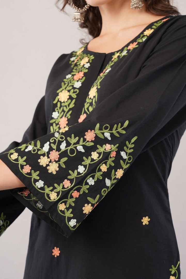 Black Embroidered Kurta Salwar Set in Soft Cotton for Women