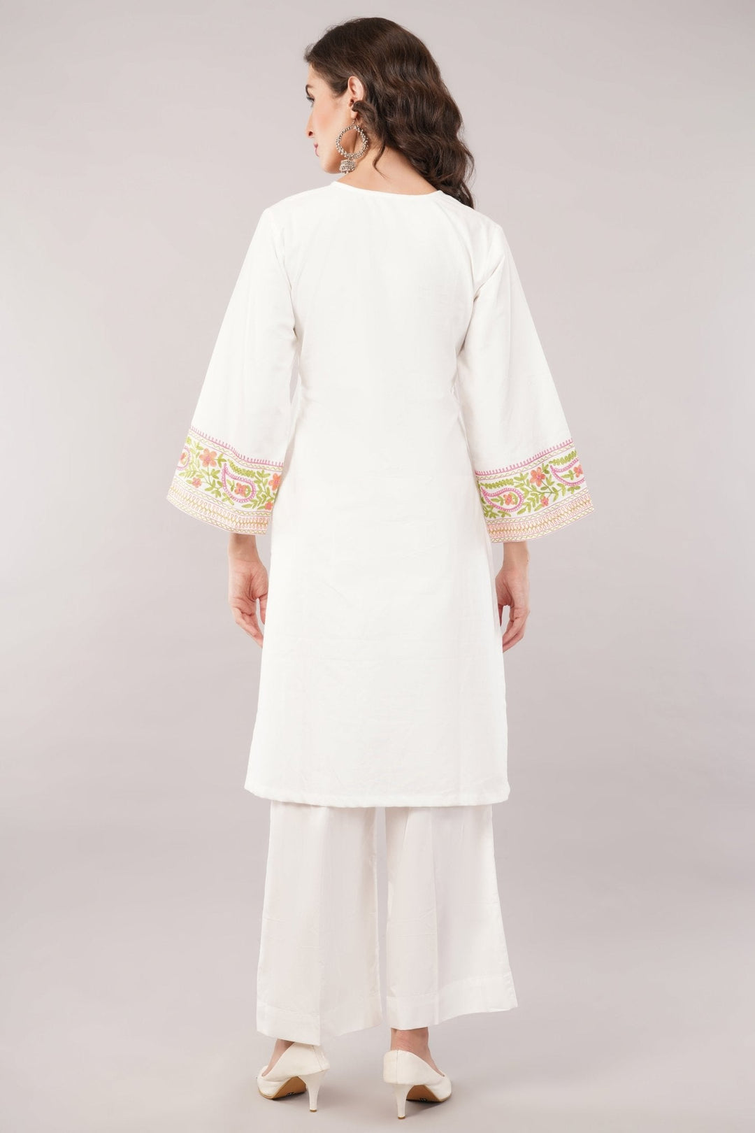 White Pure Cotton Kurta Set with Silk Thread Work and Plazo Set 