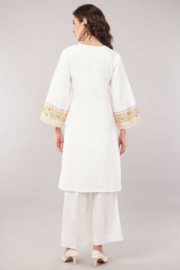 White Pure Cotton Kurta Set with Silk Thread Work and Plazo Set 