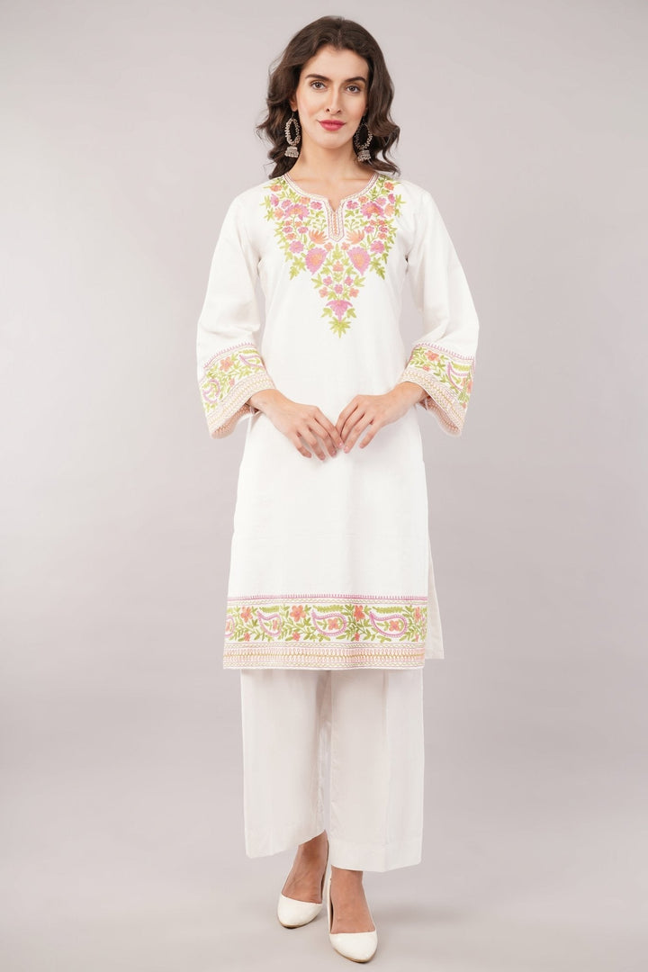 White Pure Cotton Kurta Set with Silk Thread Work and Plazo Set 