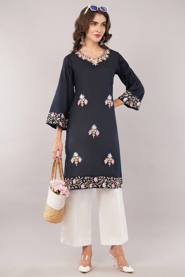 Kashmiri Embroidered Kurta - Ksona | Elegant Hand - Embroidered Cotton Kurta Set with Plazo and Dupatta, Perfect for Festive Occasions | Customized Kashmiri Embroidered Kurta Set