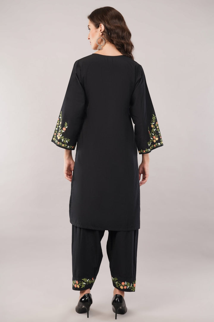 Black Embroidered Kurta Salwar Set in Soft Cotton for Women