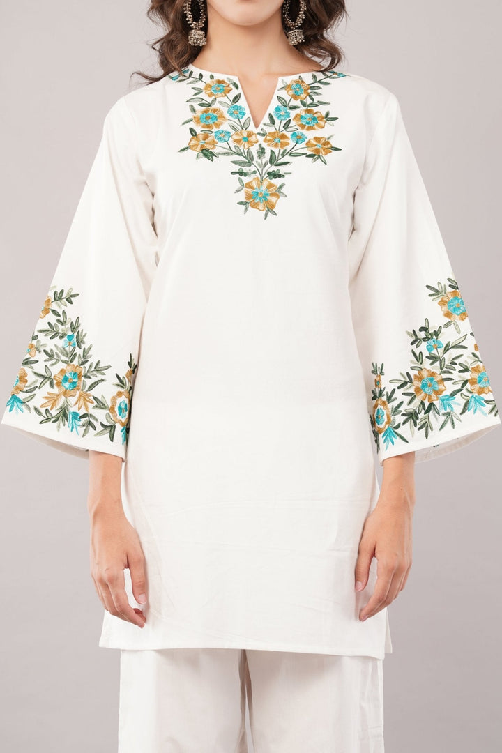 White Pure Cotton Short Kurti Set with Floral Embroidery | Office & Party Wear for Women