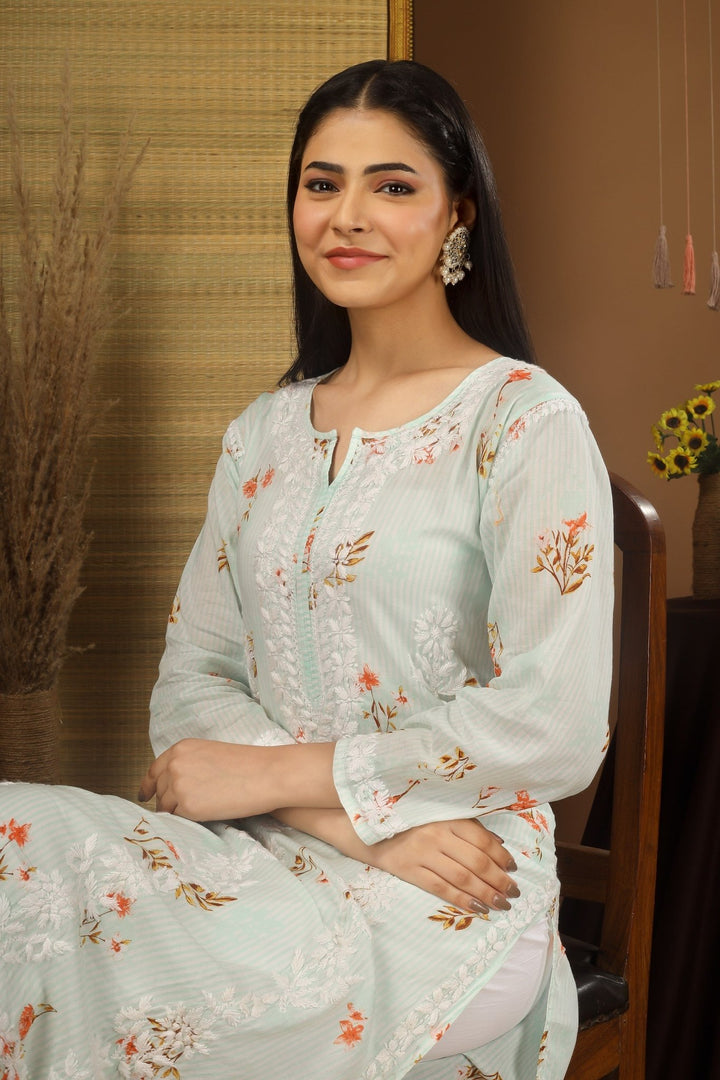 Kashmiri Embroidered Kurta - Ksona | Elegant Hand - Embroidered Cotton Kurta Set with Plazo and Dupatta, Perfect for Festive Occasions | Customized Kashmiri Embroidered Kurta Set