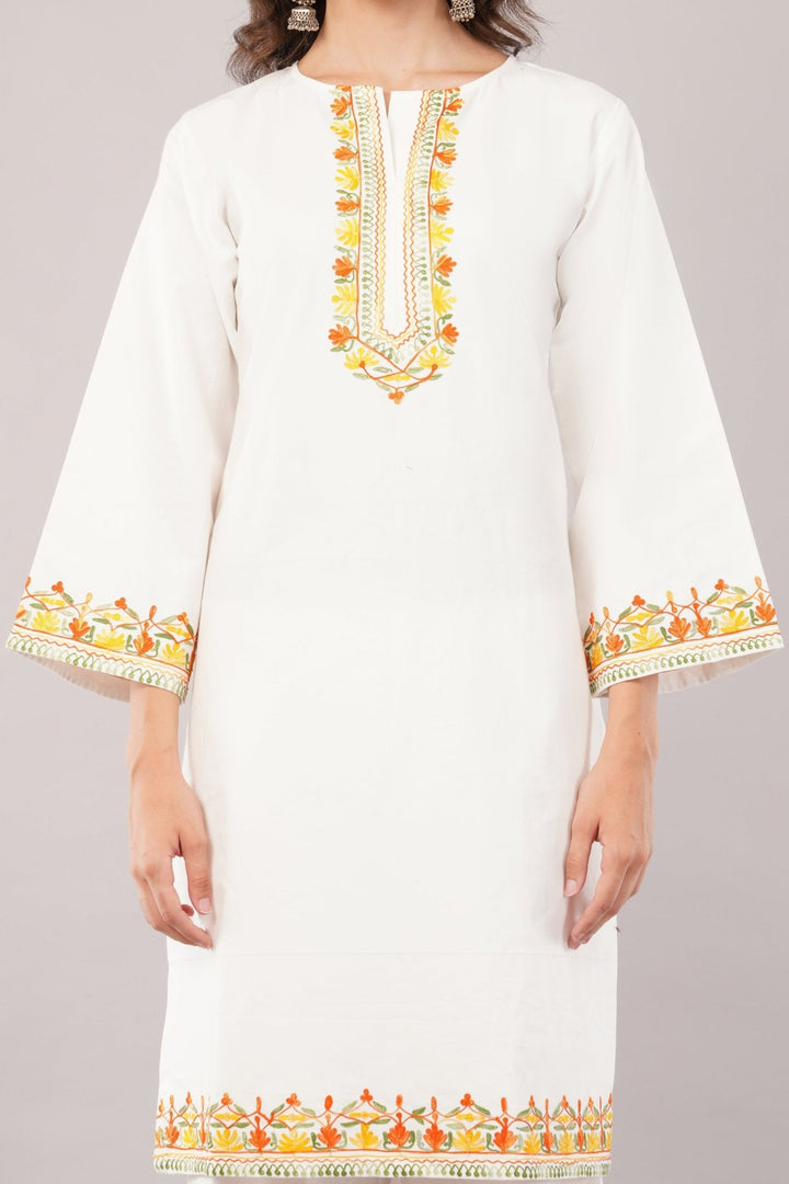 White Embroidered Cotton Kurta with High-Waisted Flare Pants