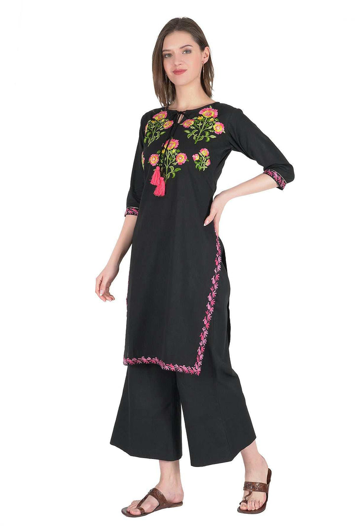 Kashmiri Embroidered Kurta - Ksona | Elegant Hand - Embroidered Cotton Kurta Set with Plazo and Dupatta, Perfect for Festive Occasions | Customized Kashmiri Embroidered Kurta Set