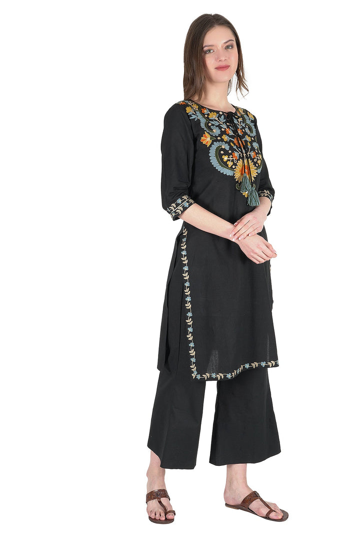 Kashmiri Embroidered Kurta - Ksona | Elegant Hand - Embroidered Cotton Kurta Set with Plazo and Dupatta, Perfect for Festive Occasions | Customized Kashmiri Embroidered Kurta Set