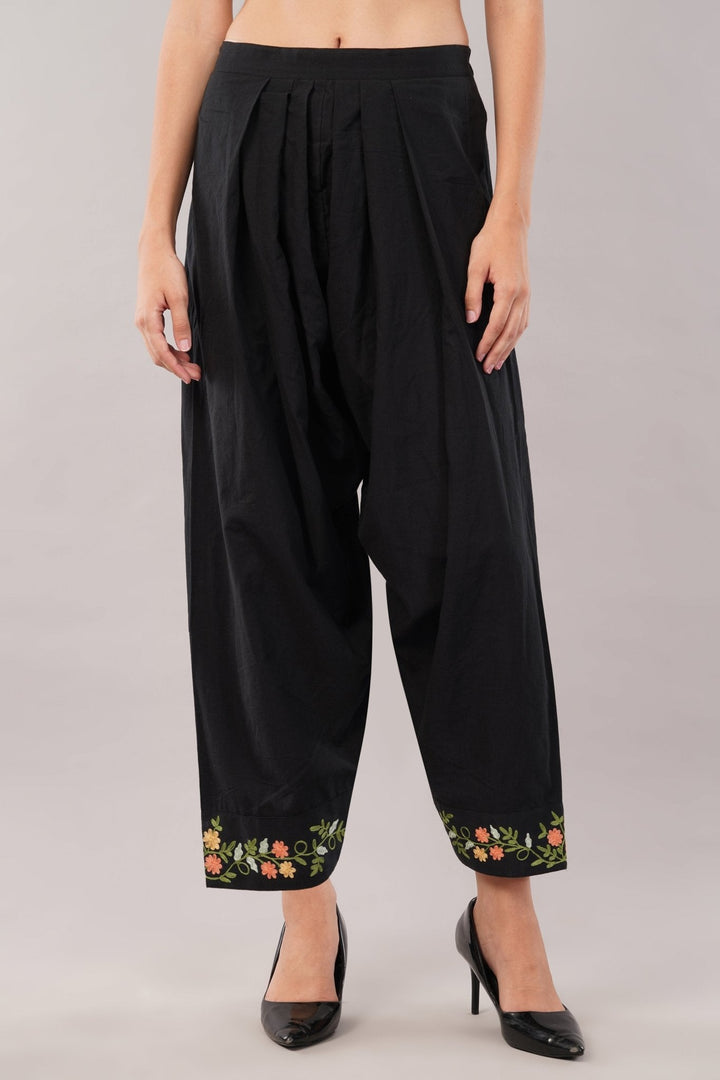 Black Embroidered Kurta Salwar Set in Soft Cotton for Women