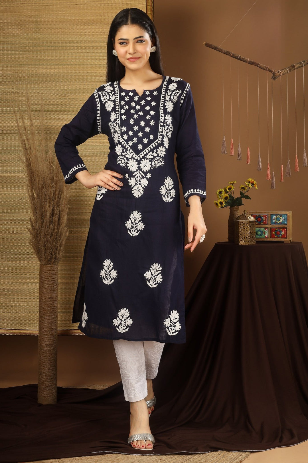 Kashmiri Embroidered Kurta - Ksona | Elegant Hand - Embroidered Cotton Kurta Set with Plazo and Dupatta, Perfect for Festive Occasions | Customized Kashmiri Embroidered Kurta Set