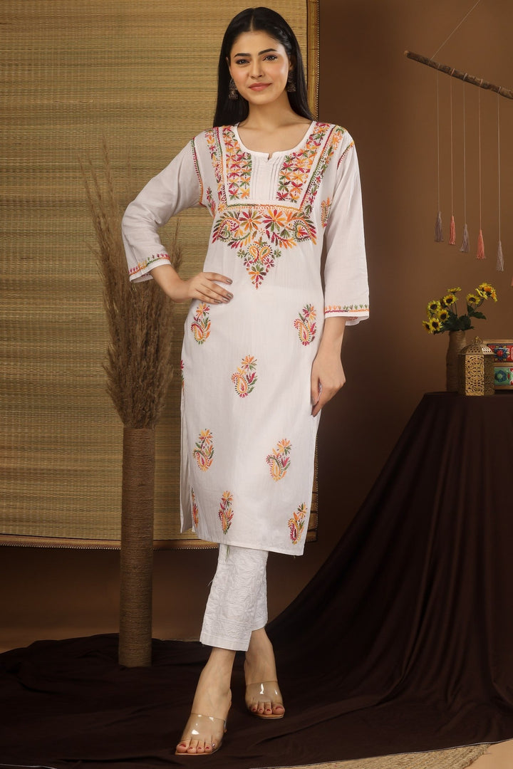 Kashmiri Embroidered Kurta - Ksona | Elegant Hand - Embroidered Cotton Kurta Set with Plazo and Dupatta, Perfect for Festive Occasions | Customized Kashmiri Embroidered Kurta Set
