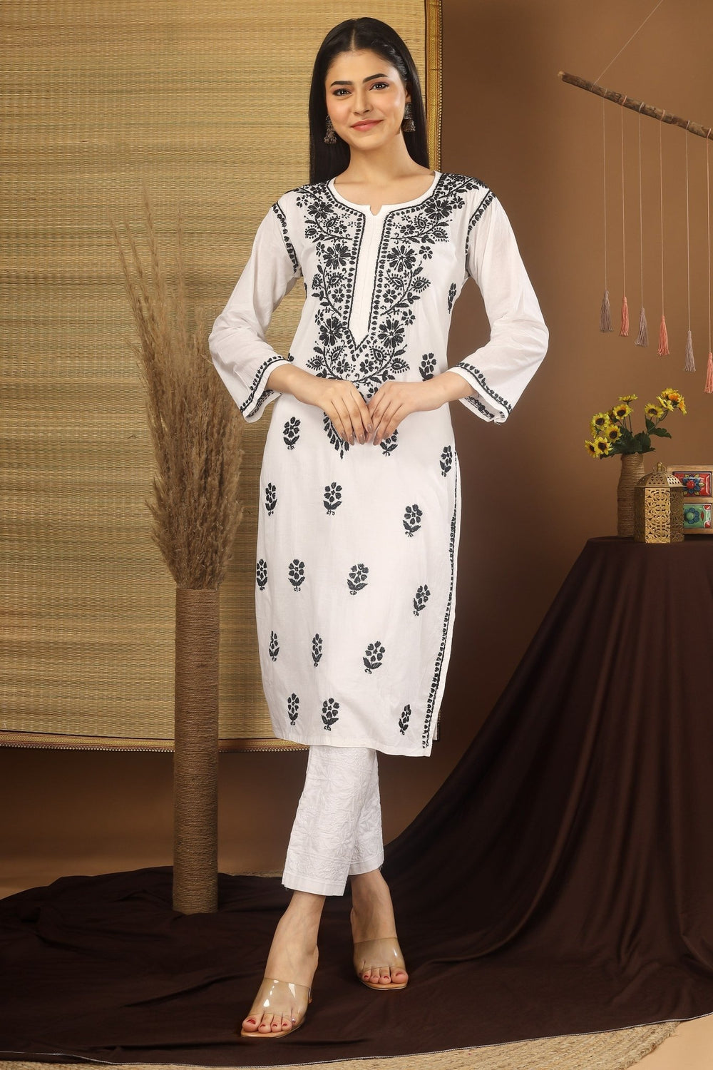 Kashmiri Embroidered Kurta - Ksona | Elegant Hand - Embroidered Cotton Kurta Set with Plazo and Dupatta, Perfect for Festive Occasions | Customized Kashmiri Embroidered Kurta Set