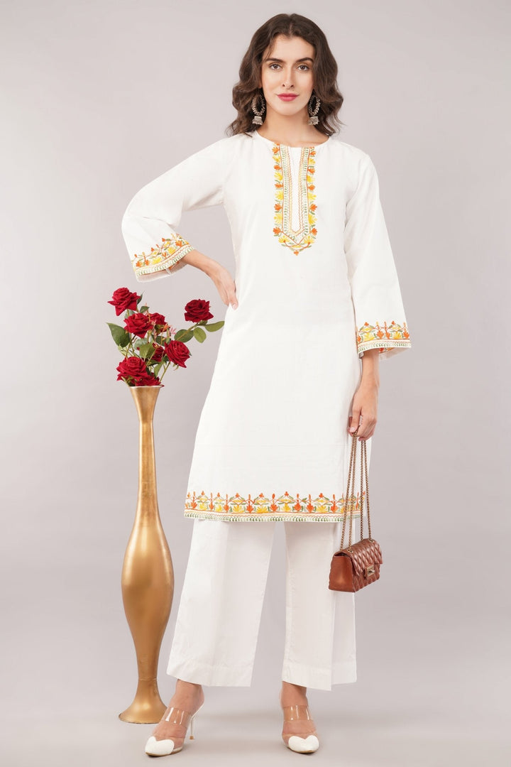 White Embroidered Cotton Kurta with High-Waisted Flare Pants