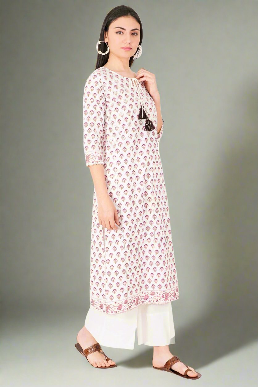 Kashmiri Embroidered Kurta - Ksona | Elegant Hand - Embroidered Cotton Kurta Set with Plazo and Dupatta, Perfect for Festive Occasions | Customized Kashmiri Embroidered Kurta Set